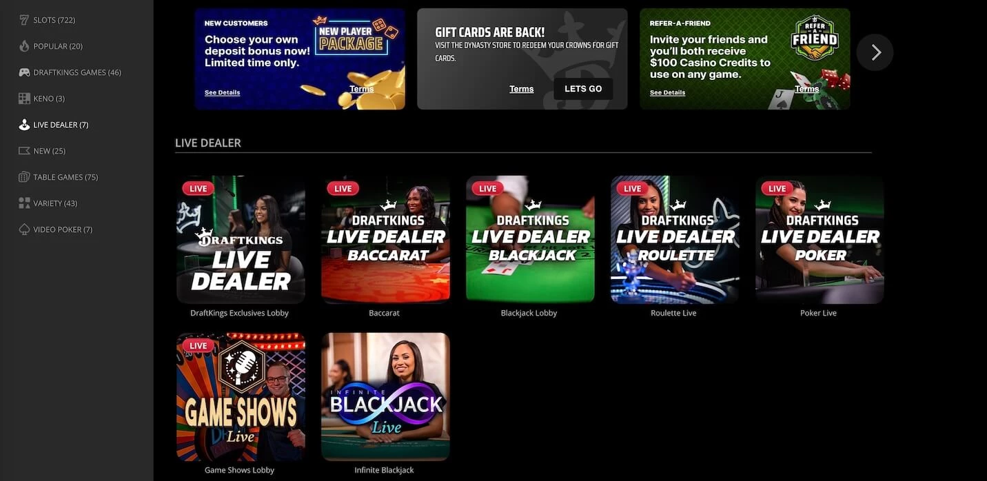 DraftKings casino live games