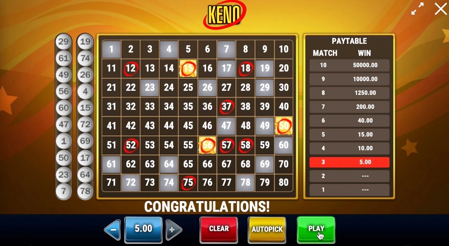 Keno online game small wins