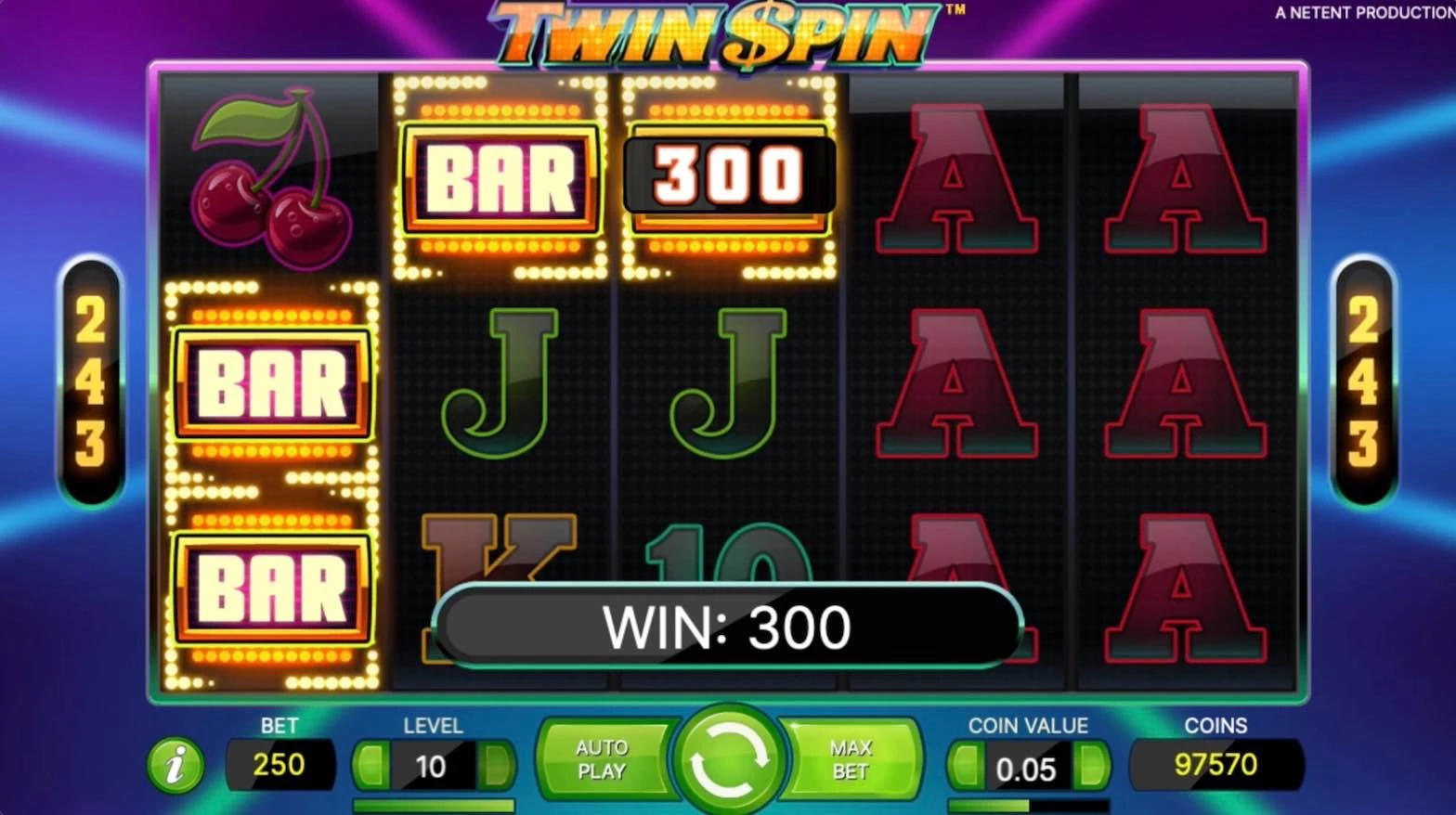 Twin Spin Slot by NetEnt - 3 Bar Won $300
