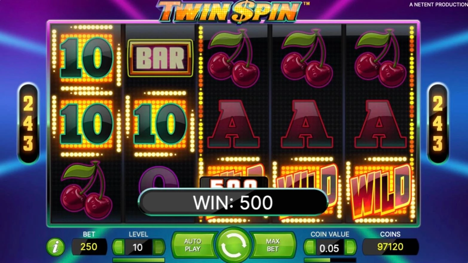 Twin Spin Slot by NetEnt - Ten with Wild Won $500