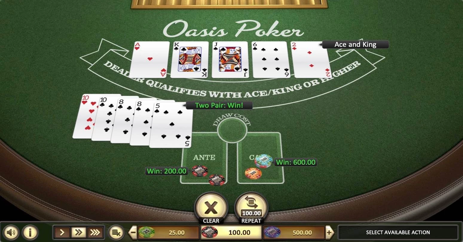 Oasis Poker (BetSoft) Win $600 with two pairs